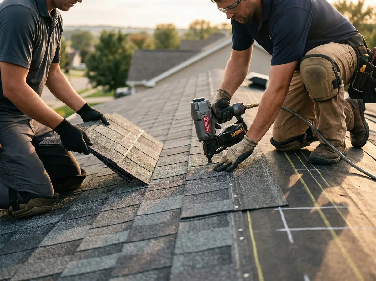 Professional roofer working on a residential roof in Elsa